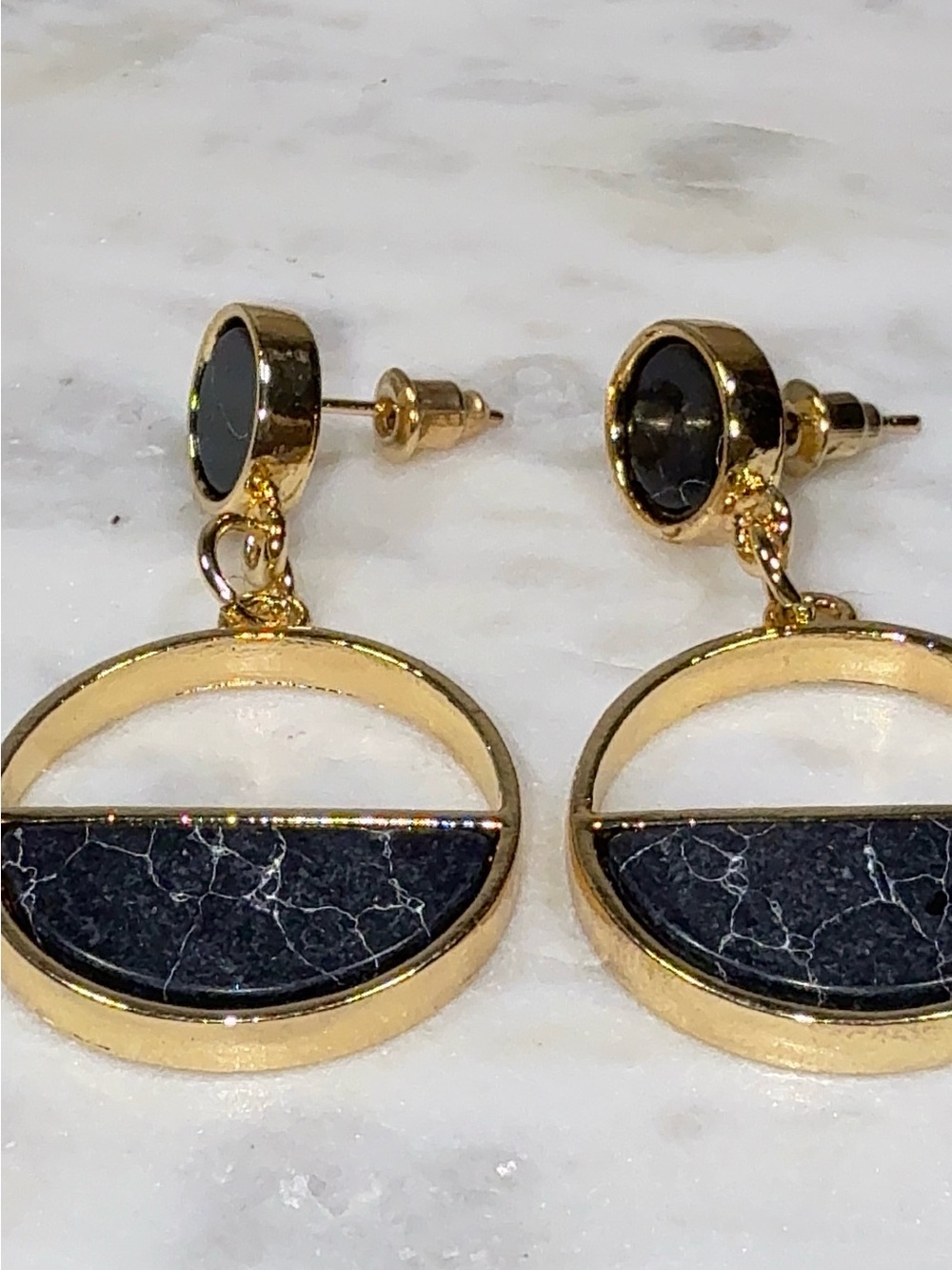 Gold Drop Earrings with Black Marble Inlay